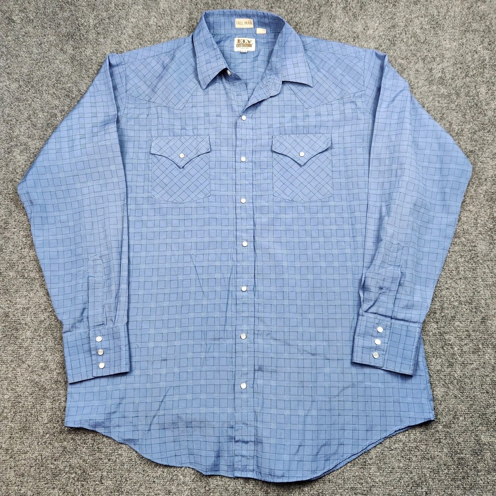 Ely Cattleman Western Shirt Mens XLT‎ Tall Blue Check Pearl Snap Long Sleeve